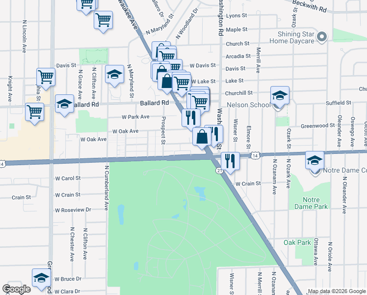 map of restaurants, bars, coffee shops, grocery stores, and more near 8120 Dempster Street in Niles