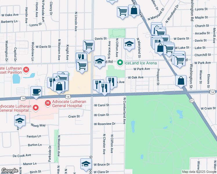 map of restaurants, bars, coffee shops, grocery stores, and more near 8500 West Dempster Street in Niles