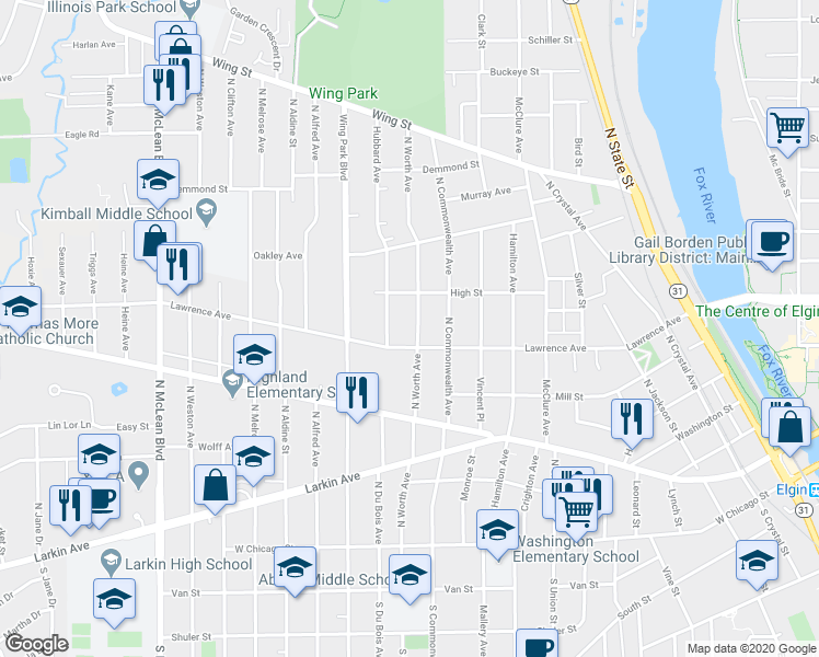 map of restaurants, bars, coffee shops, grocery stores, and more near 304 North Worth Avenue in Elgin