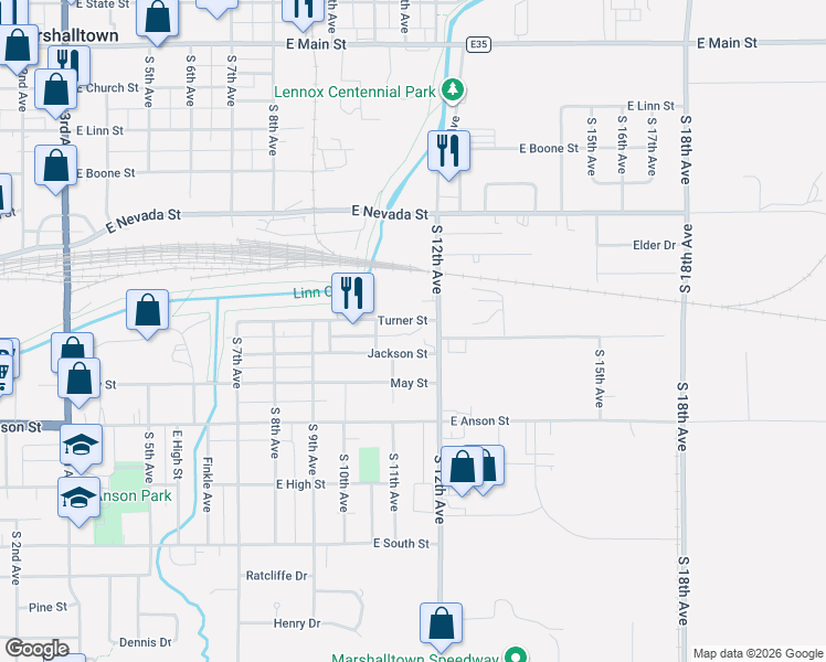 map of restaurants, bars, coffee shops, grocery stores, and more near 1100-1198 Jackson St in Marshalltown