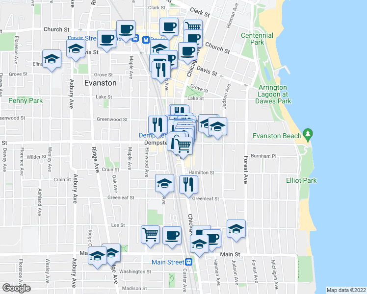 map of restaurants, bars, coffee shops, grocery stores, and more near 1245 Chicago Avenue in Evanston