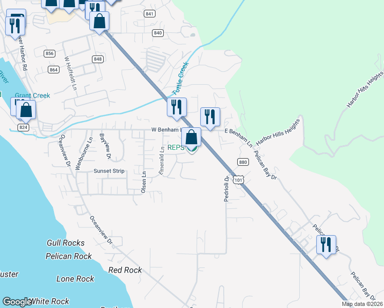 map of restaurants, bars, coffee shops, grocery stores, and more near 98158 West Benham Lane in Brookings