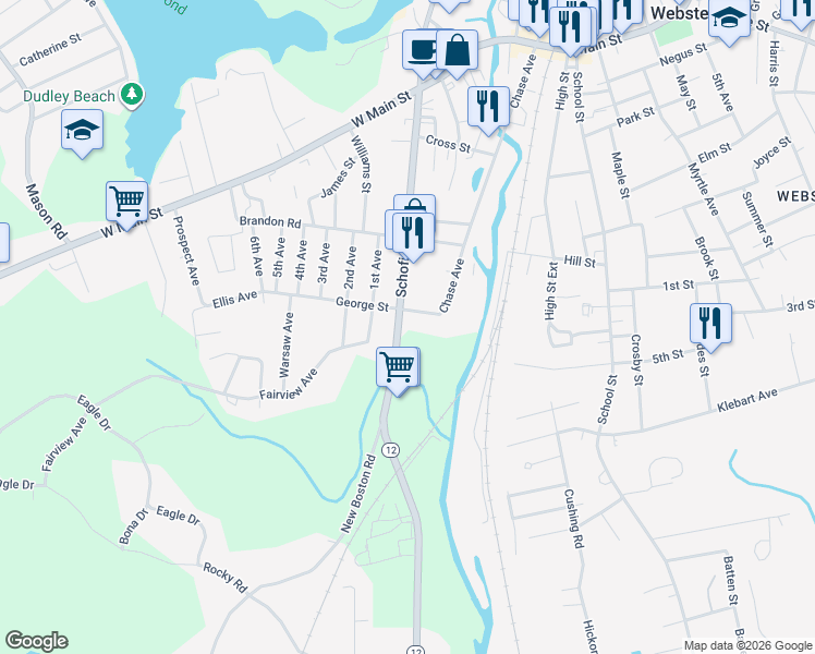 map of restaurants, bars, coffee shops, grocery stores, and more near 71 Schofield Avenue in Dudley