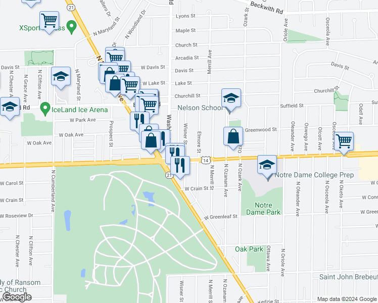 map of restaurants, bars, coffee shops, grocery stores, and more near 8815 North Wisner Street in Niles