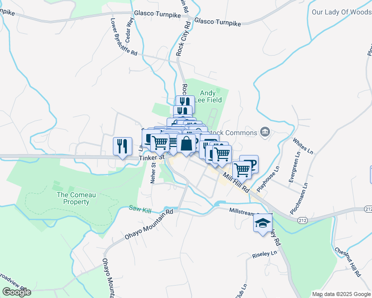 map of restaurants, bars, coffee shops, grocery stores, and more near in Woodstock