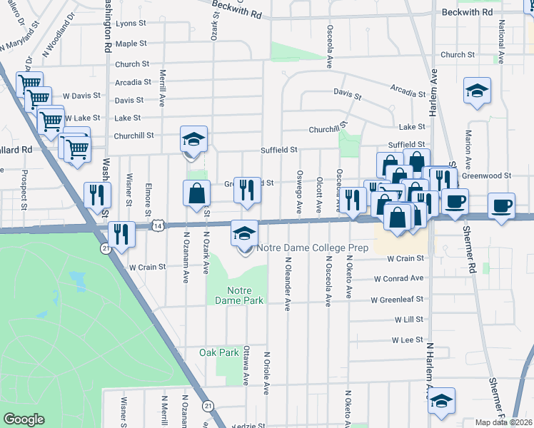 map of restaurants, bars, coffee shops, grocery stores, and more near 8761 North Oriole Avenue in Niles