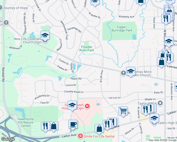 map of restaurants, bars, coffee shops, grocery stores, and more near 200 Coventry Court in Elgin