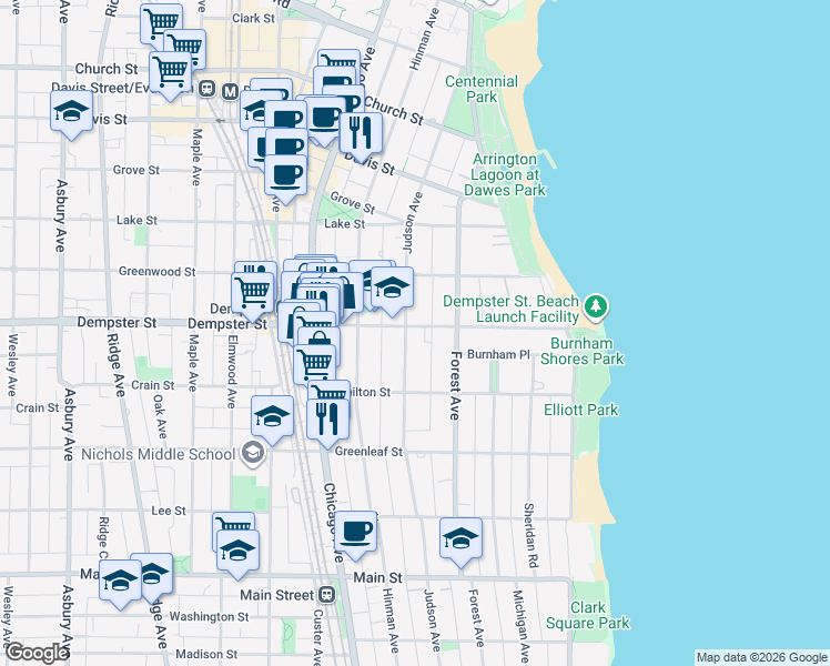 map of restaurants, bars, coffee shops, grocery stores, and more near 1243 Judson Avenue in Evanston