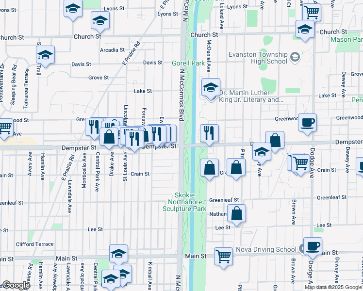 map of restaurants, bars, coffee shops, grocery stores, and more near Dempster St & N McCormick Blvd in Skokie