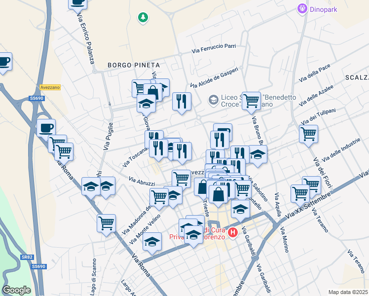 map of restaurants, bars, coffee shops, grocery stores, and more near Via Vincenzo Falcone in Avezzano