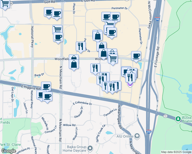 map of restaurants, bars, coffee shops, grocery stores, and more near 650 Mall Dr in Schaumburg