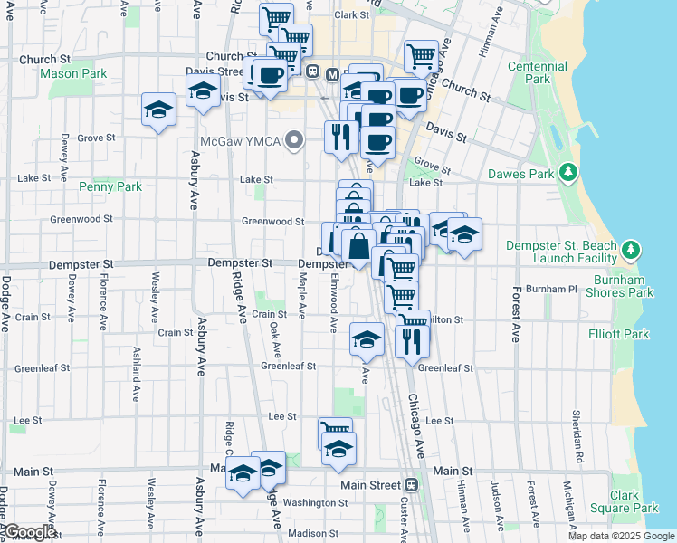 map of restaurants, bars, coffee shops, grocery stores, and more near 1245 Elmwood Avenue in Evanston