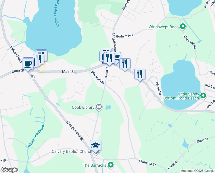 map of restaurants, bars, coffee shops, grocery stores, and more near 41 Plymouth Street in Pembroke