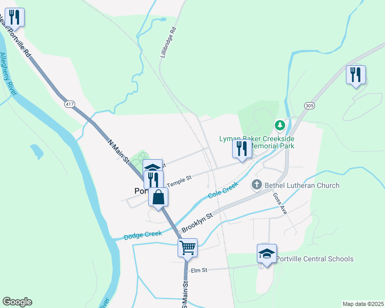 map of restaurants, bars, coffee shops, grocery stores, and more near 29 Maple Avenue in Portville