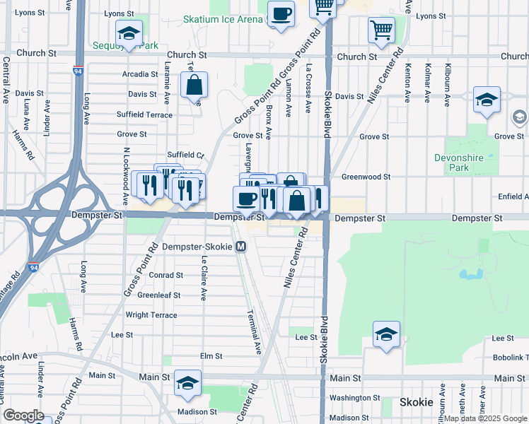 map of restaurants, bars, coffee shops, grocery stores, and more near 4959 Dempster Street in Skokie