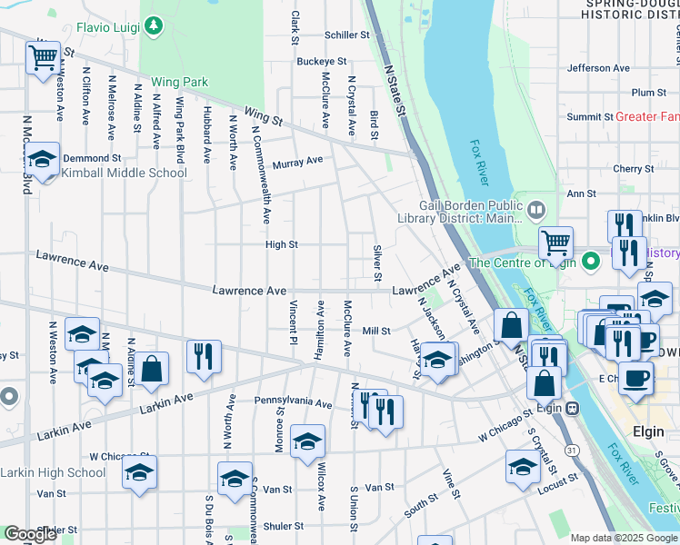 map of restaurants, bars, coffee shops, grocery stores, and more near 303 Hamilton Avenue in Elgin
