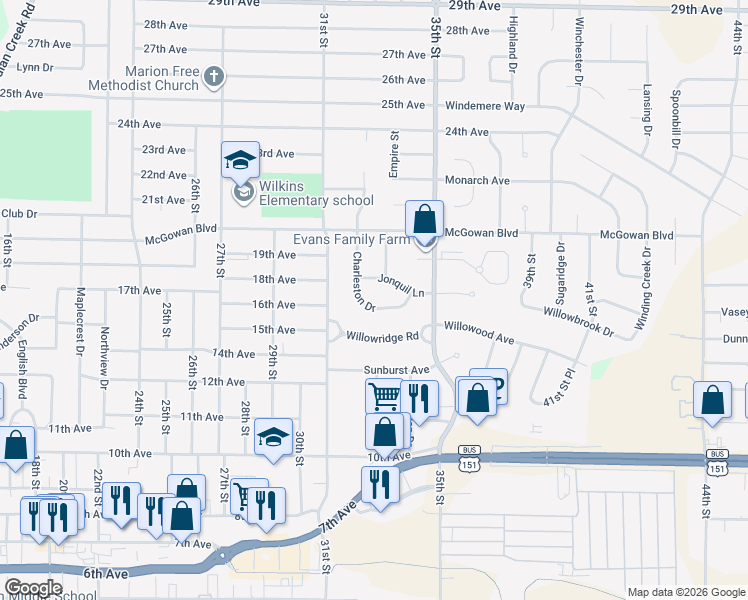 map of restaurants, bars, coffee shops, grocery stores, and more near 1591 Charleston Drive in Marion