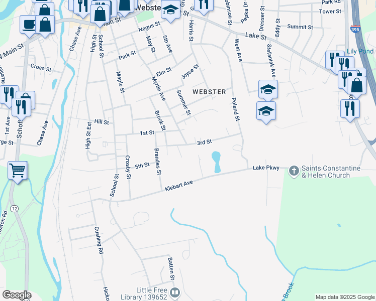 map of restaurants, bars, coffee shops, grocery stores, and more near 6 Vine Street in Webster