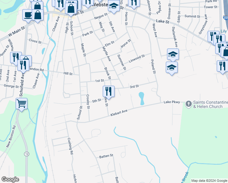 map of restaurants, bars, coffee shops, grocery stores, and more near 42 Brook Street in Webster