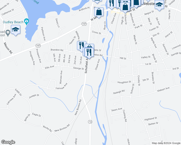 map of restaurants, bars, coffee shops, grocery stores, and more near 71 Schofield Avenue in Dudley