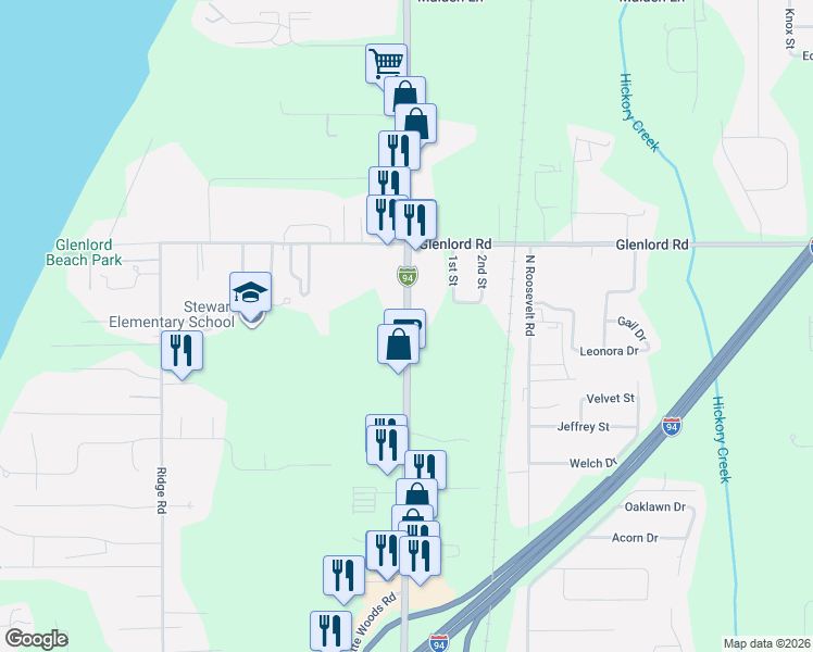 map of restaurants, bars, coffee shops, grocery stores, and more near 4231-4277 Red Arrow Hwy in Stevensville