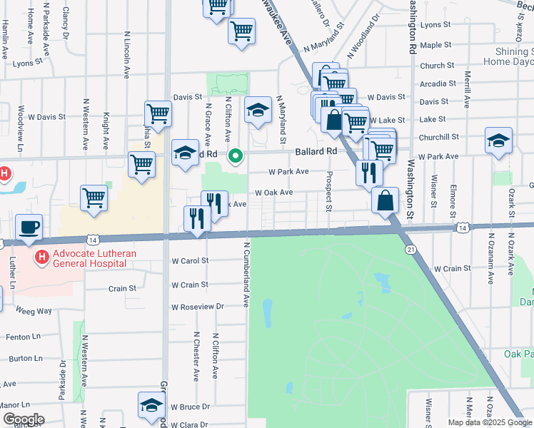 map of restaurants, bars, coffee shops, grocery stores, and more near 8280 West Dempster Street in Niles