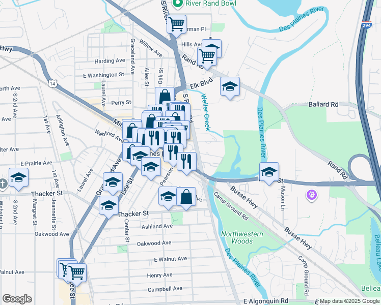 map of restaurants, bars, coffee shops, grocery stores, and more near 1550 East Northwest Highway in Des Plaines