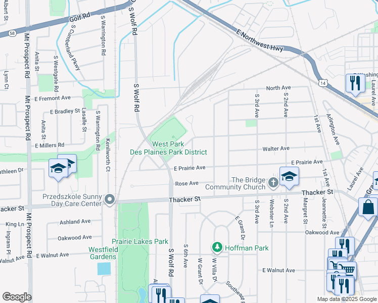 map of restaurants, bars, coffee shops, grocery stores, and more near 668 South 6th Avenue in Des Plaines