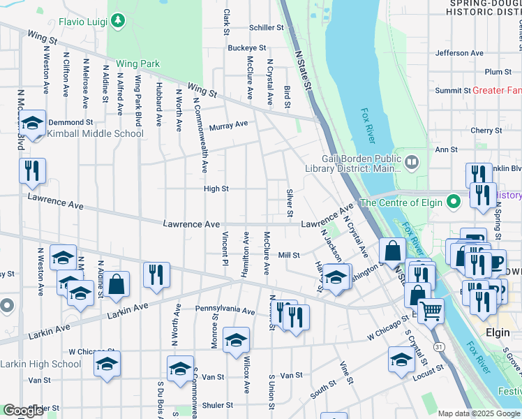 map of restaurants, bars, coffee shops, grocery stores, and more near 303 Hamilton Avenue in Elgin