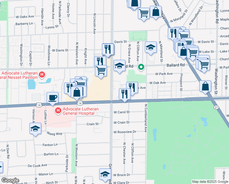 map of restaurants, bars, coffee shops, grocery stores, and more near 8821 North Greenwood Avenue in Niles
