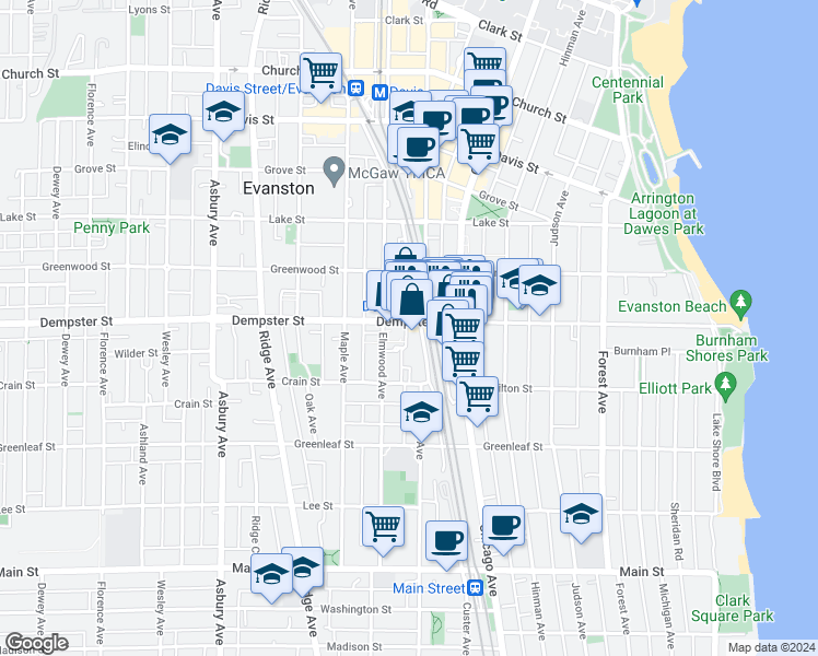 map of restaurants, bars, coffee shops, grocery stores, and more near 806 Dempster Street in Evanston