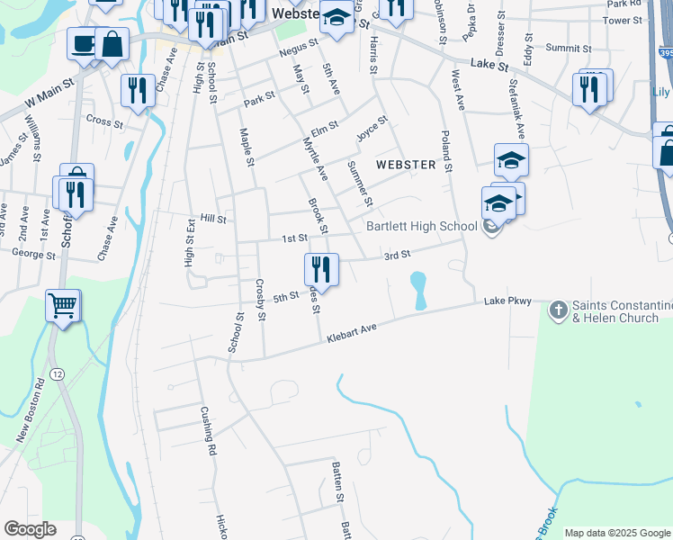 map of restaurants, bars, coffee shops, grocery stores, and more near 42 Brook Street in Webster