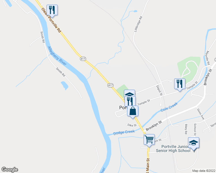 map of restaurants, bars, coffee shops, grocery stores, and more near 53 North Main Street in Portville