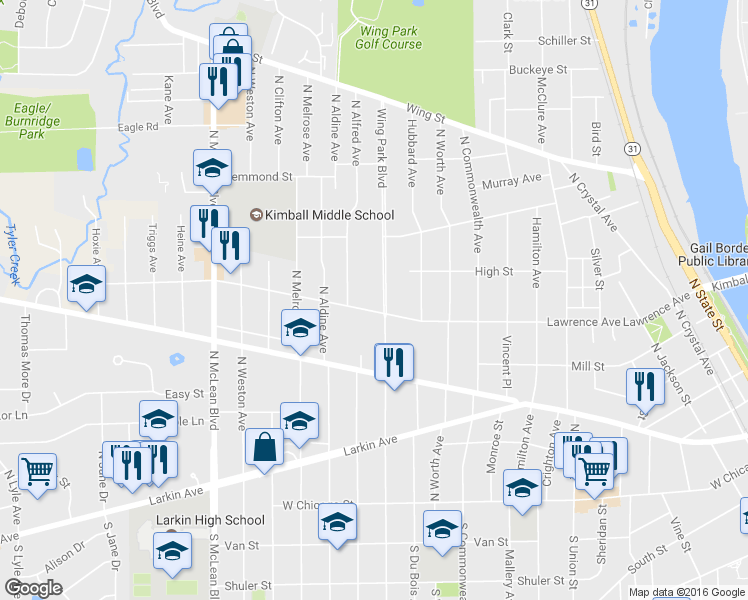 map of restaurants, bars, coffee shops, grocery stores, and more near 306 Wing Park Boulevard in Elgin