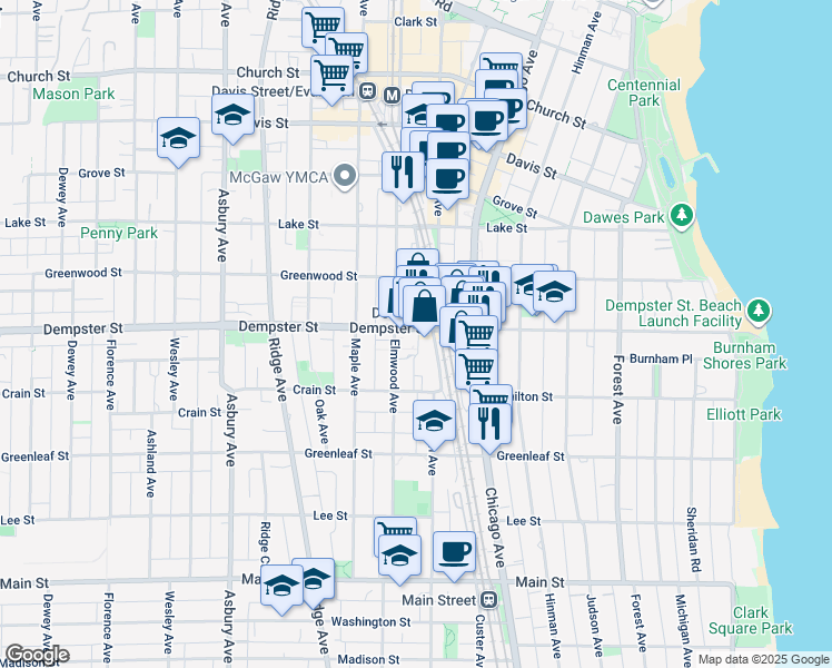 map of restaurants, bars, coffee shops, grocery stores, and more near 810 Dempster Street in Evanston