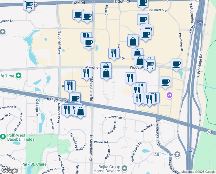 map of restaurants, bars, coffee shops, grocery stores, and more near 1501 Woodfield Road in Schaumburg