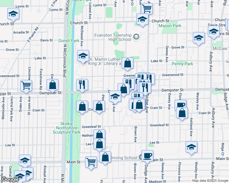 map of restaurants, bars, coffee shops, grocery stores, and more near Dempster St & Hartrey Ave in Evanston