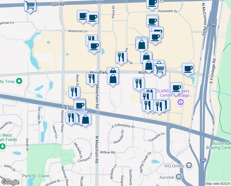 map of restaurants, bars, coffee shops, grocery stores, and more near 1501 Woodfield Road in Schaumburg