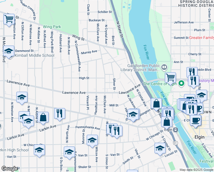 map of restaurants, bars, coffee shops, grocery stores, and more near 321 McClure Avenue in Elgin