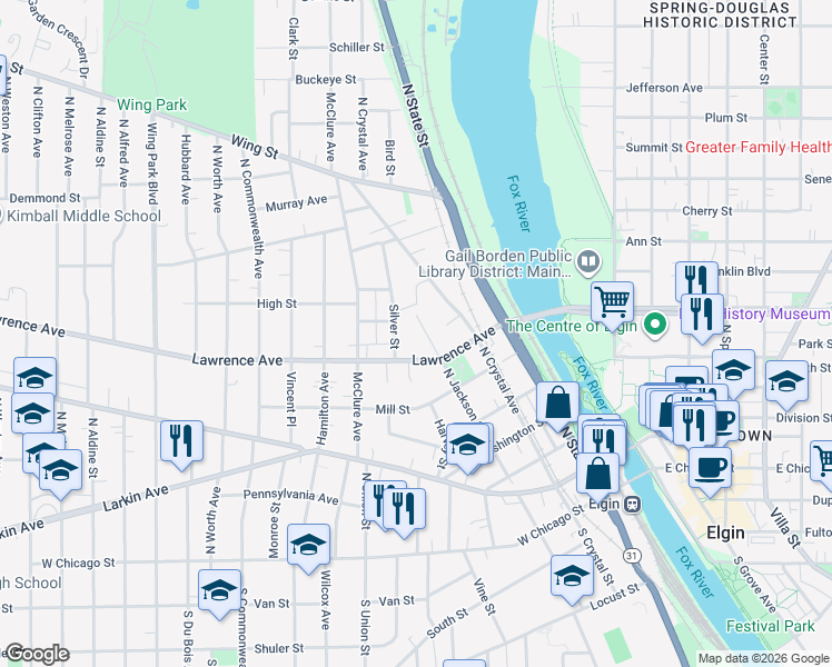 map of restaurants, bars, coffee shops, grocery stores, and more near 324 North Jackson Street in Elgin