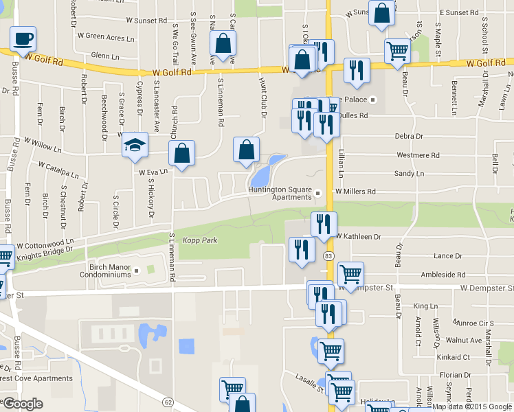 map of restaurants, bars, coffee shops, grocery stores, and more near 625 West Huntington Commons Road in Mount Prospect