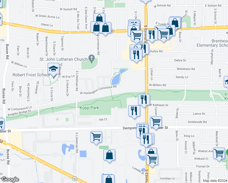 map of restaurants, bars, coffee shops, grocery stores, and more near 625 West Huntington Commons Road in Mount Prospect