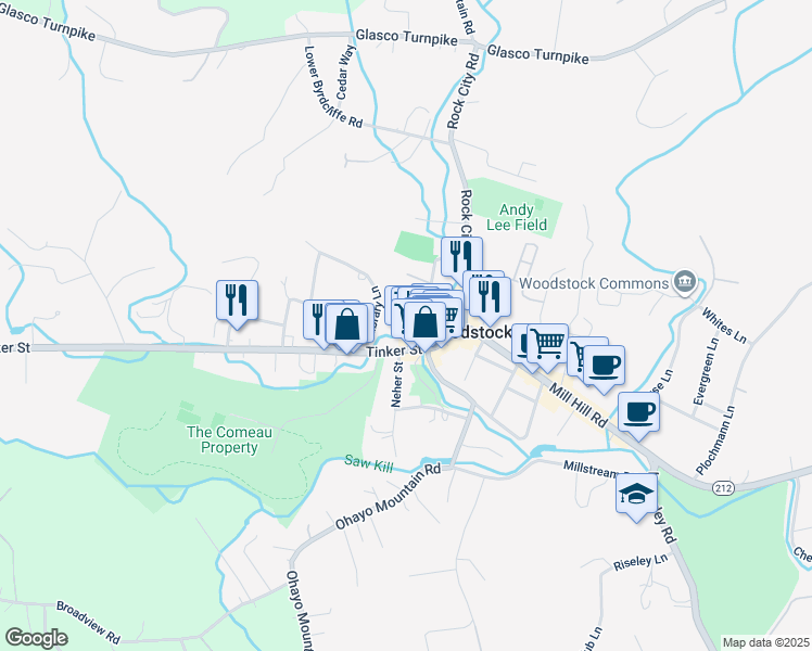 map of restaurants, bars, coffee shops, grocery stores, and more near 71 Tinker Street in Woodstock