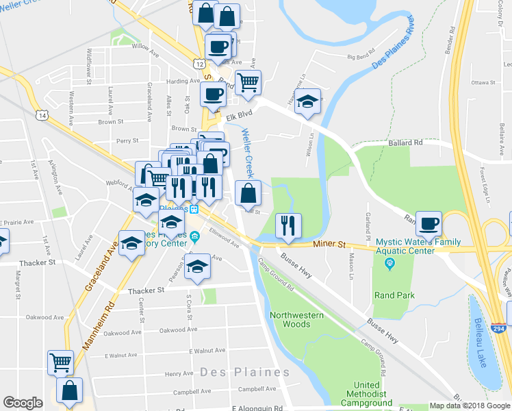 map of restaurants, bars, coffee shops, grocery stores, and more near 1685 Mill Street in Des Plaines