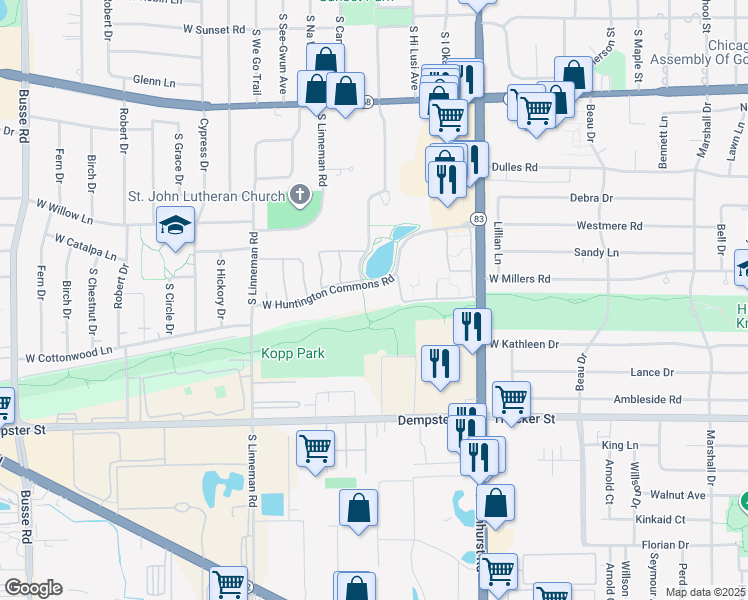 map of restaurants, bars, coffee shops, grocery stores, and more near in Mount Prospect
