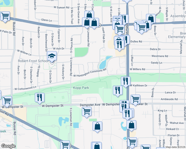 map of restaurants, bars, coffee shops, grocery stores, and more near 701 West Huntington Commons Road in Mount Prospect