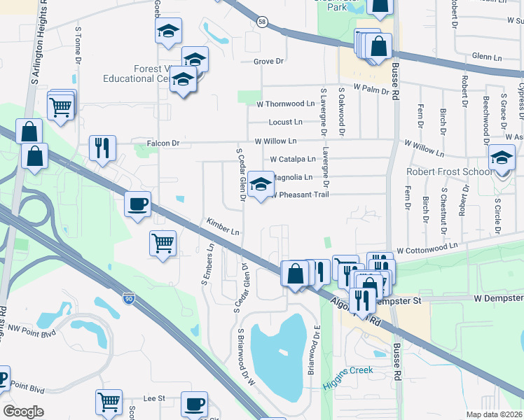 map of restaurants, bars, coffee shops, grocery stores, and more near 2439 South Cedar Glen Drive in Arlington Heights