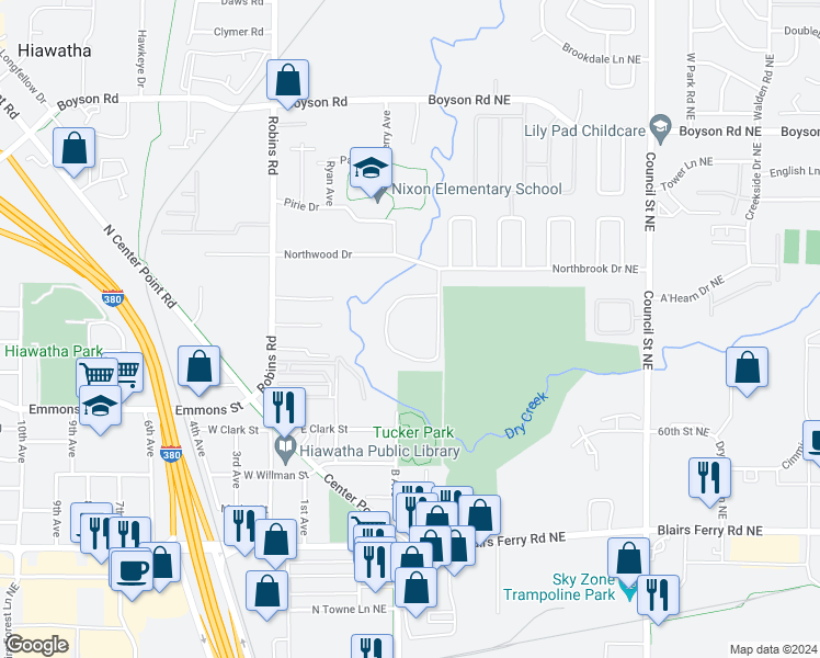 map of restaurants, bars, coffee shops, grocery stores, and more near 411 Cimarron Drive Northeast in Hiawatha
