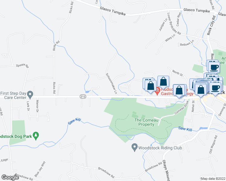 map of restaurants, bars, coffee shops, grocery stores, and more near 9 Schoonmaker Lane in Woodstock