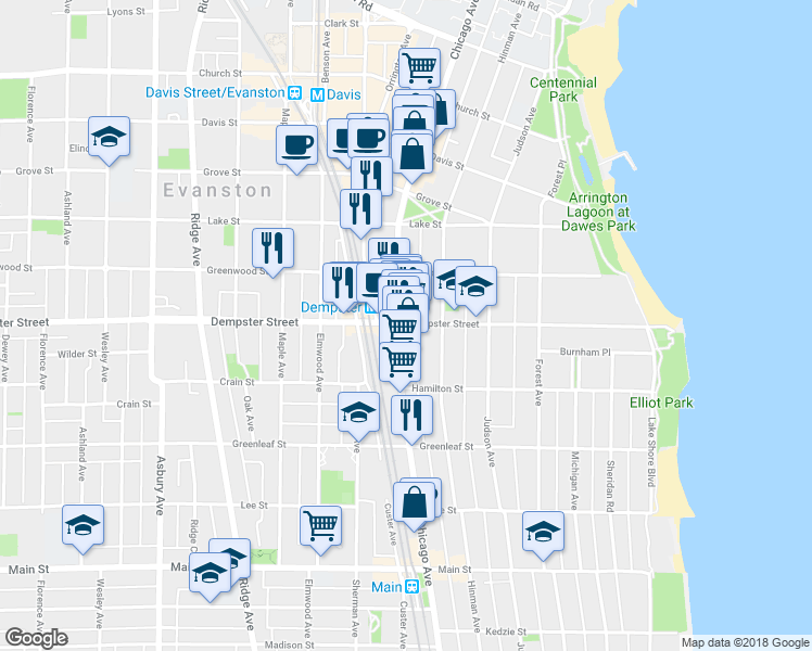 map of restaurants, bars, coffee shops, grocery stores, and more near 528 Dempster Street in Evanston